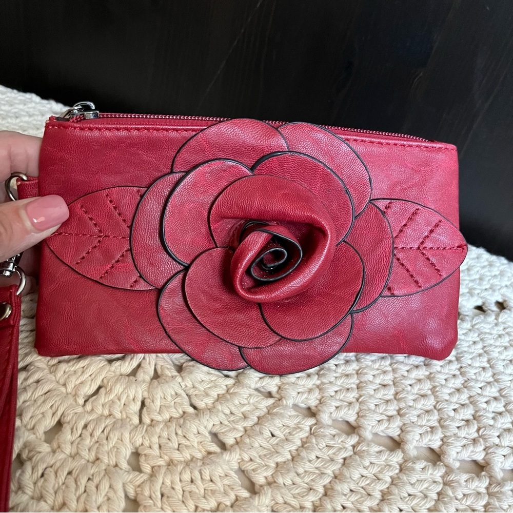 Red dark leather Flower Purse Wristlet